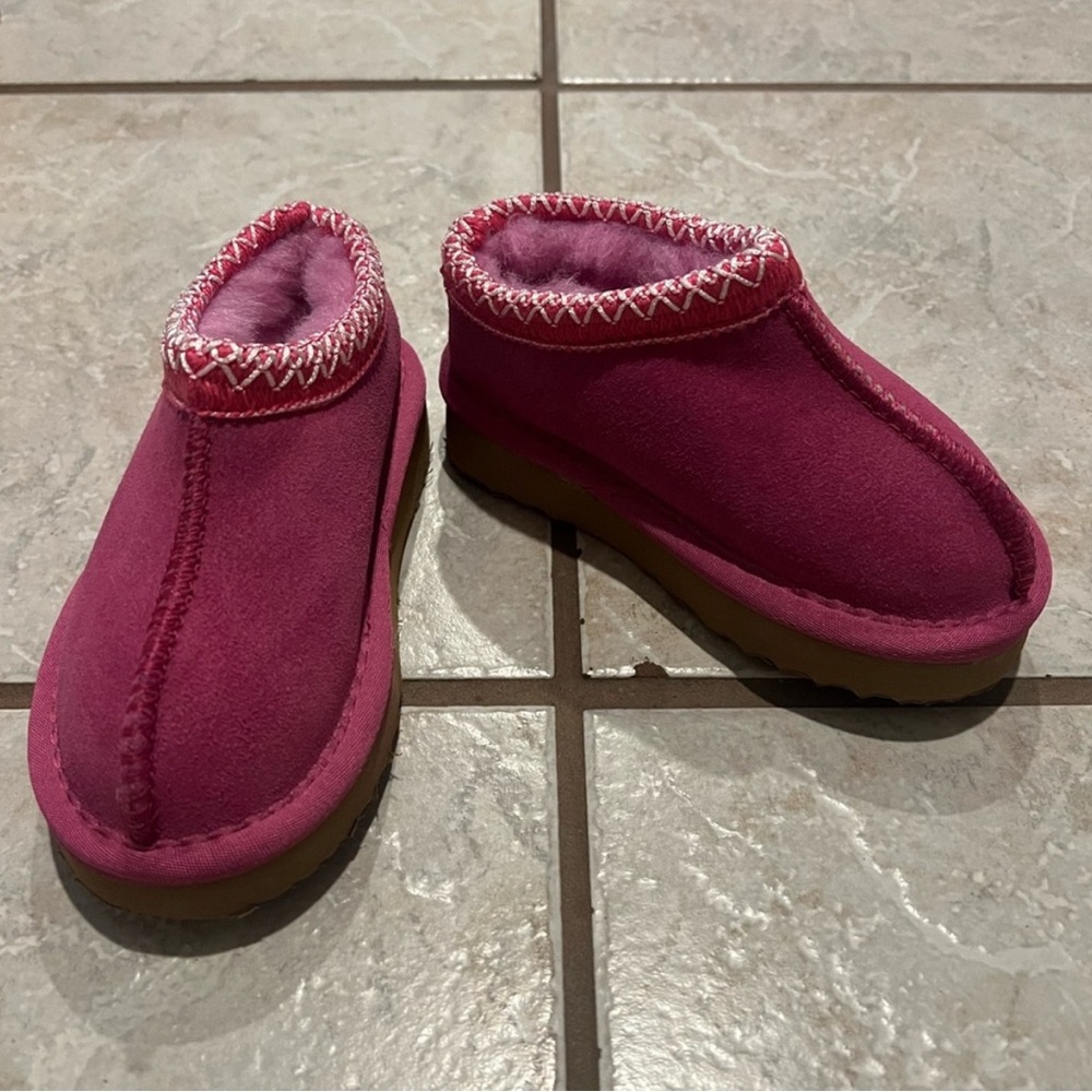 Kids Pink Tasman-like Tas Fur lined Clog Slippers Shoes - Picture 2 of 3